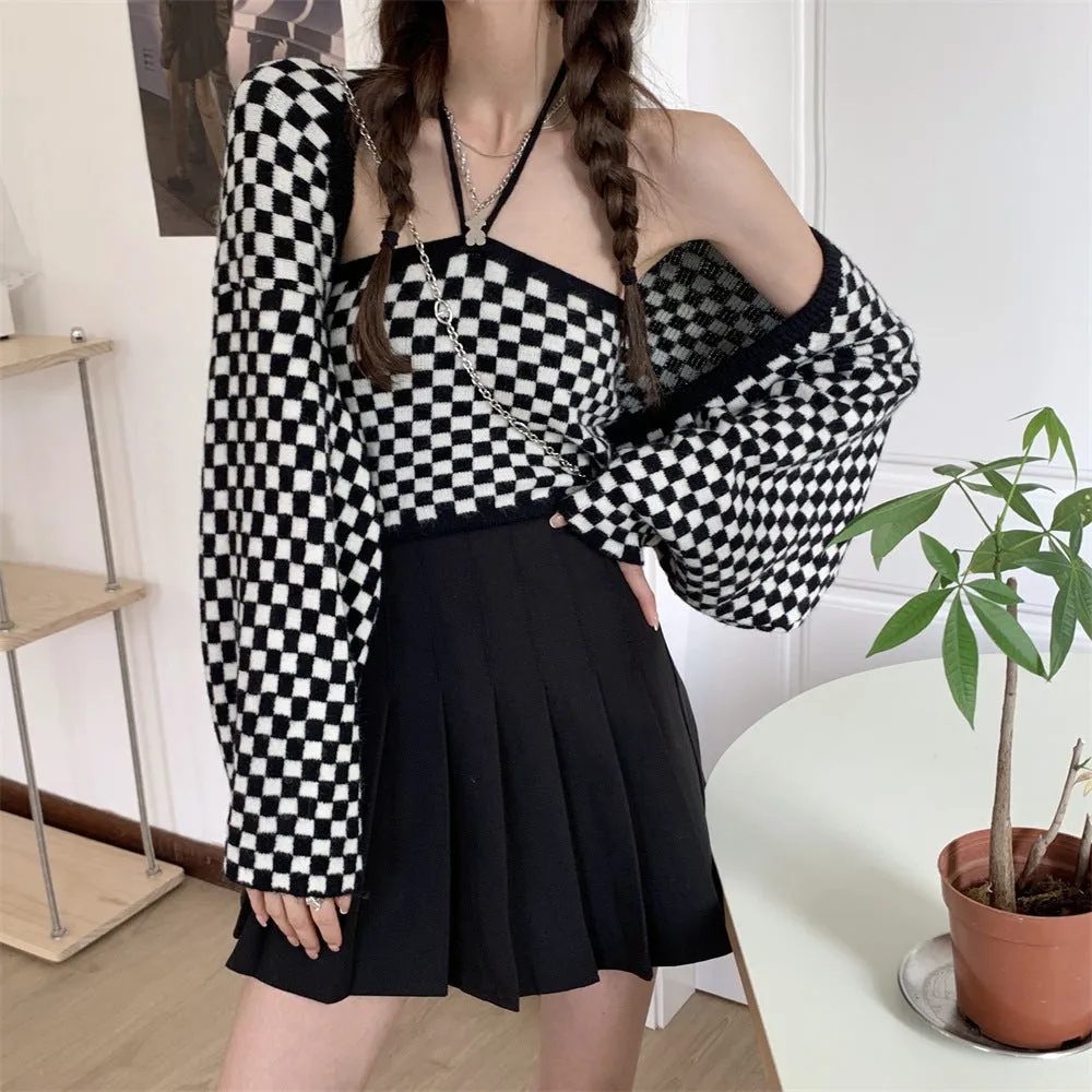 2022 retro black white checkerboard hanging neck suspenders cami knitted shawl balero cardigan 2 pc knitwear set