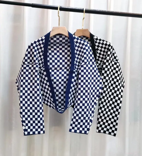2022 retro black white checkerboard hanging neck suspenders cami knitted shawl balero cardigan 2 pc knitwear set