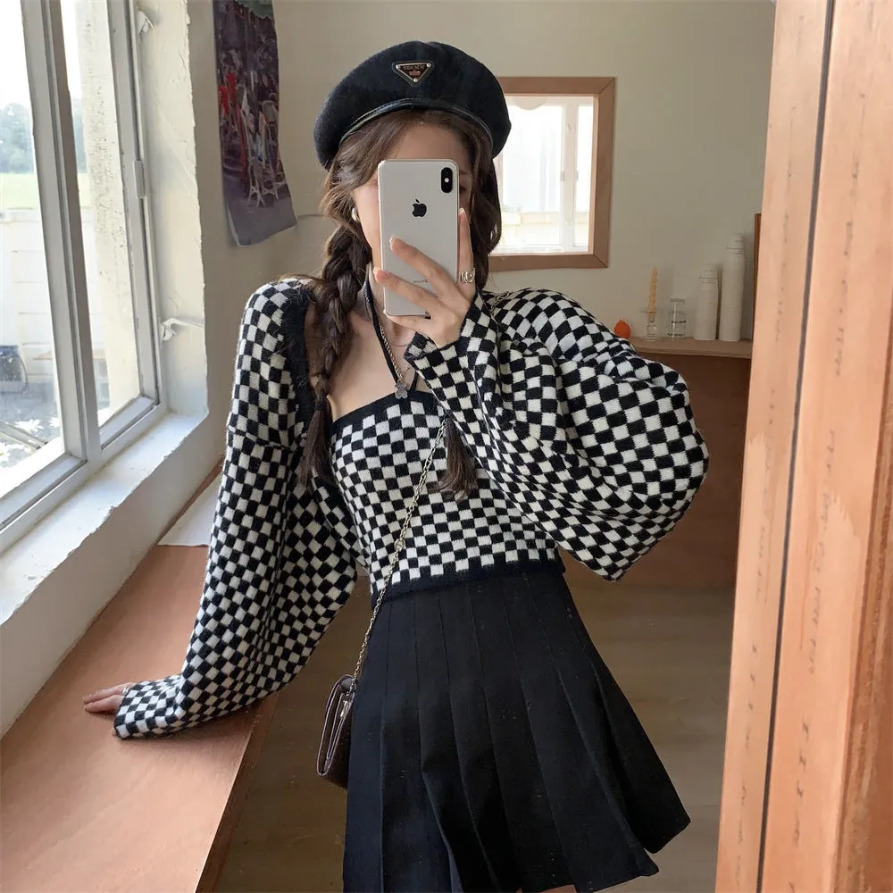 2022 retro black white checkerboard hanging neck suspenders cami knitted shawl balero cardigan 2 pc knitwear set