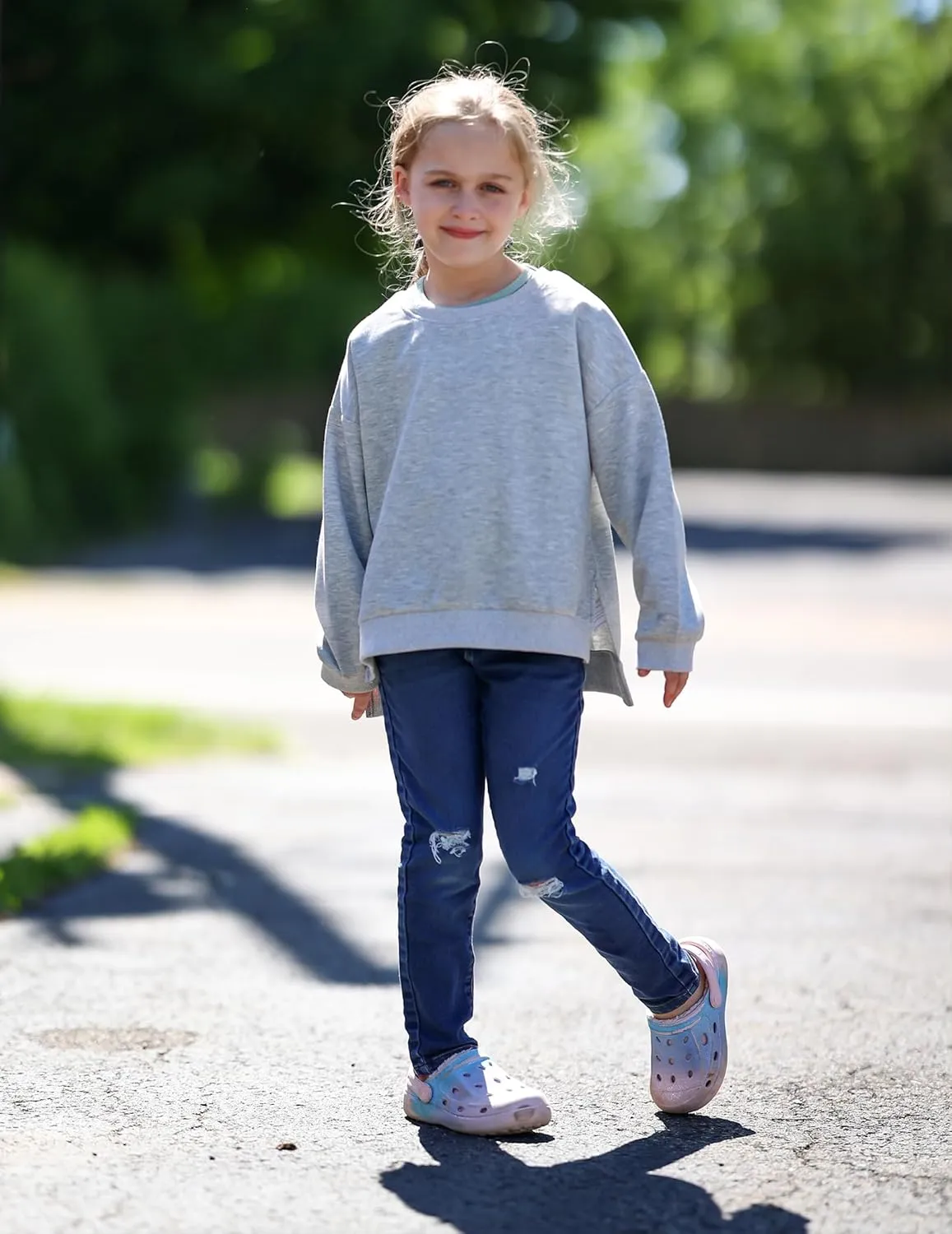 Arshiner Girls Crewneck Sweatshirt Long Sleeve Pullover Tops Drop Shoulder Sweatshirts Side Split for 5-14 Years