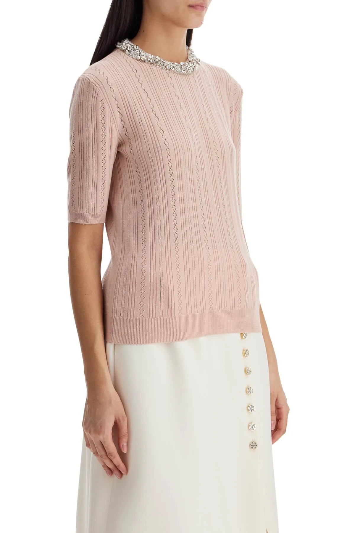 beige vertical striped slim fit short sleeve sweater 6B3KC63J96E NUDE