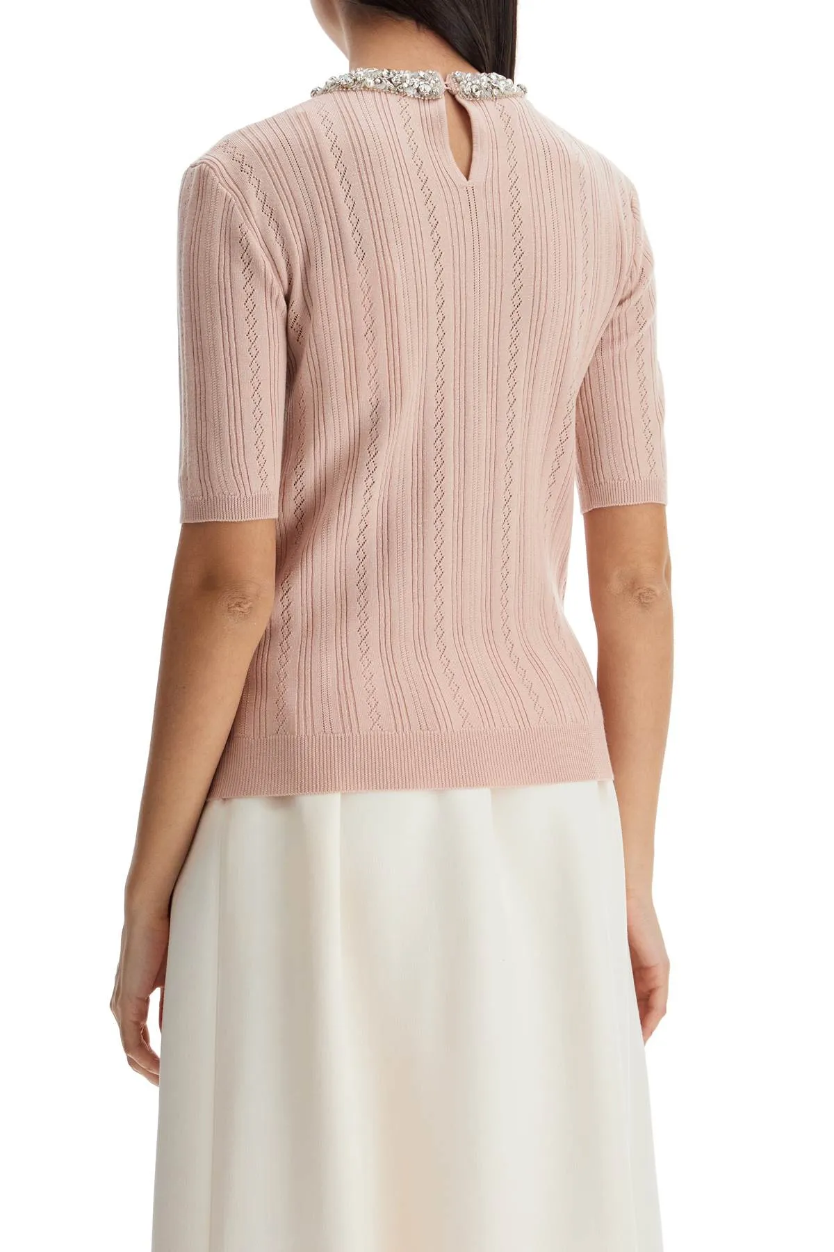 beige vertical striped slim fit short sleeve sweater 6B3KC63J96E NUDE