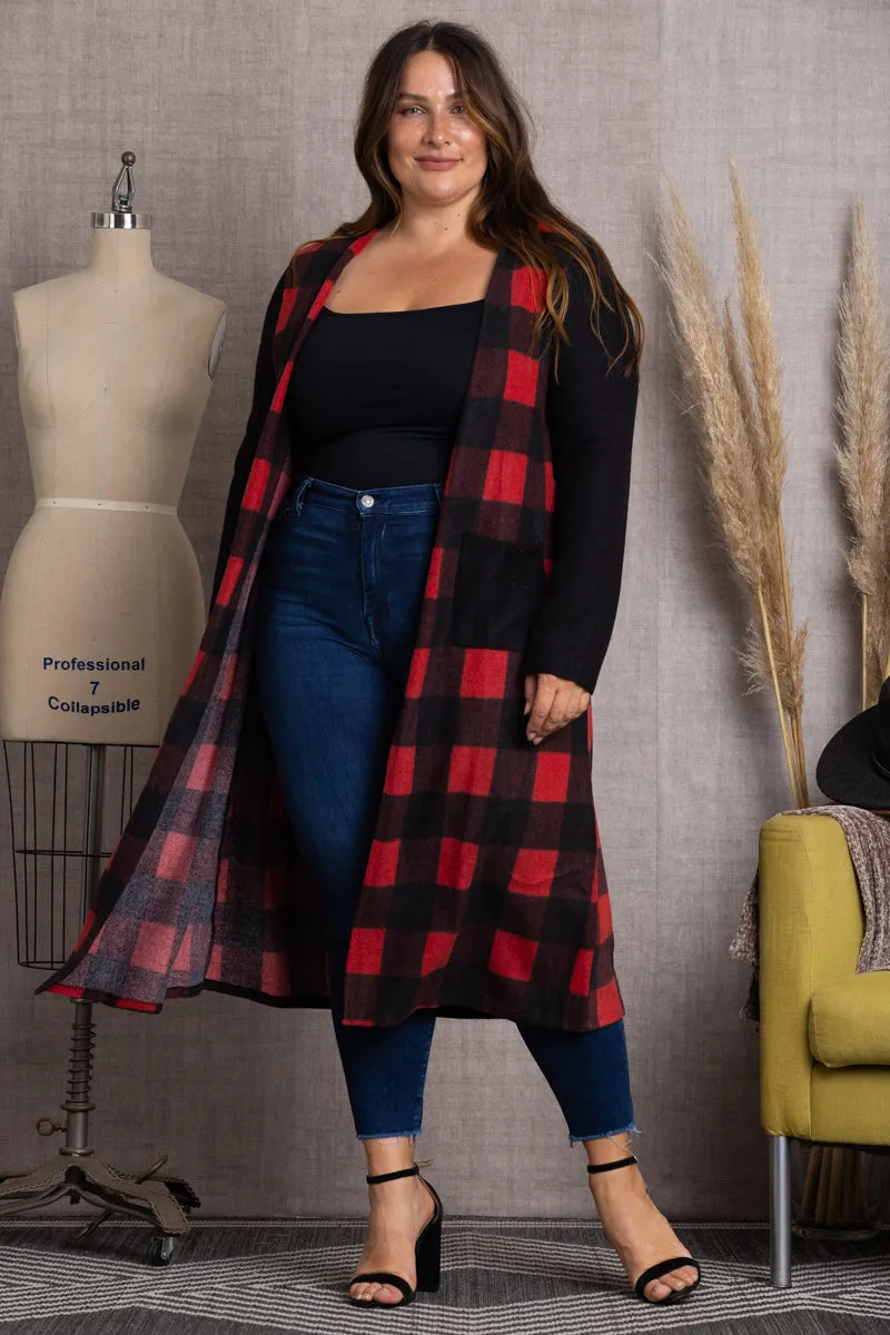 BLACK/RED CONTRAST THROW ON PLAID PLUS SIZE CARDIGAN-SG21022P