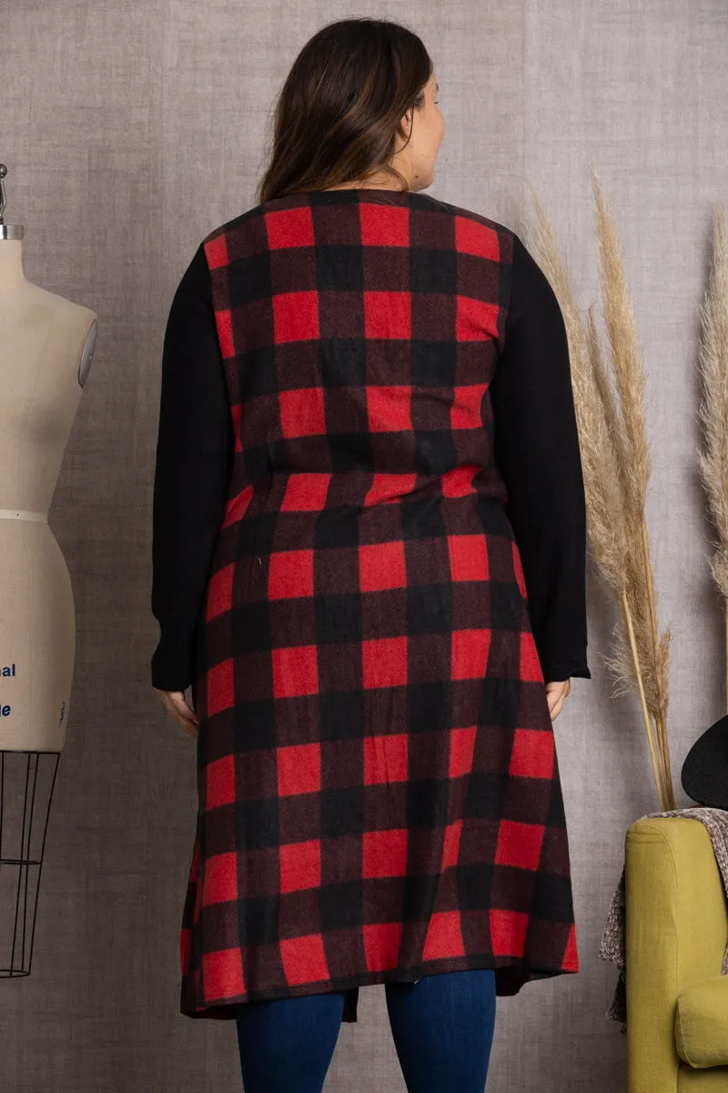 BLACK/RED CONTRAST THROW ON PLAID PLUS SIZE CARDIGAN-SG21022P