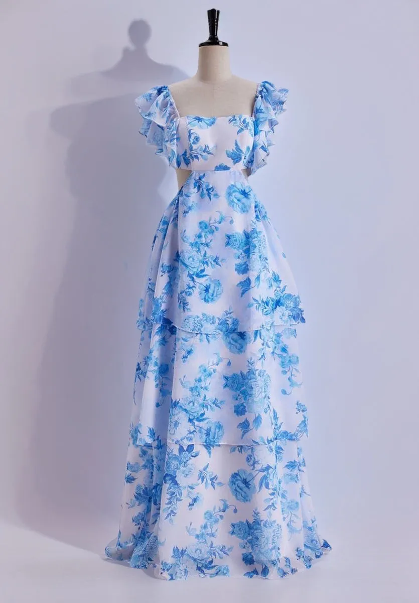 Blue Floral Flutter Sleeves A-line Formal Dress,Long Prom Dresses Unique