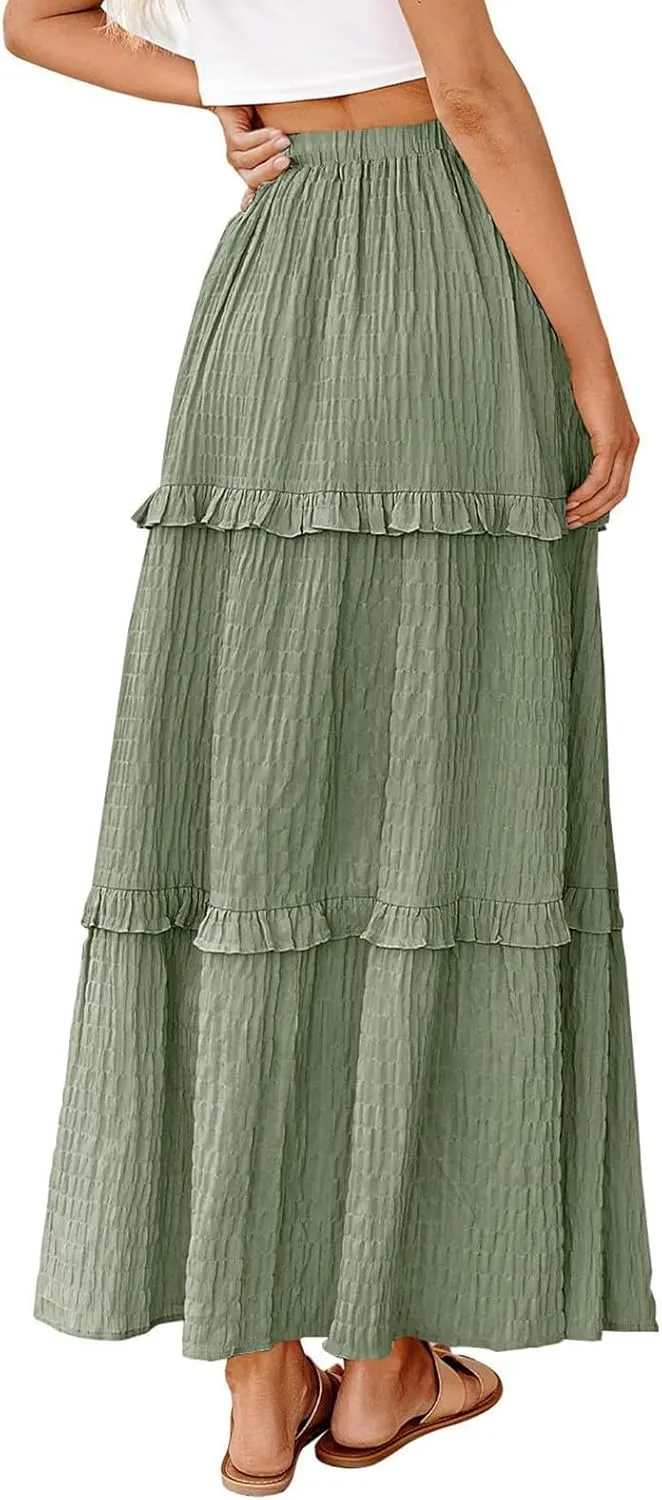 Boho Maxi Skirts for Women Casual Drawstring Elastic High Waisted Flowy Swing A-Line Tiered Pleated Skirt