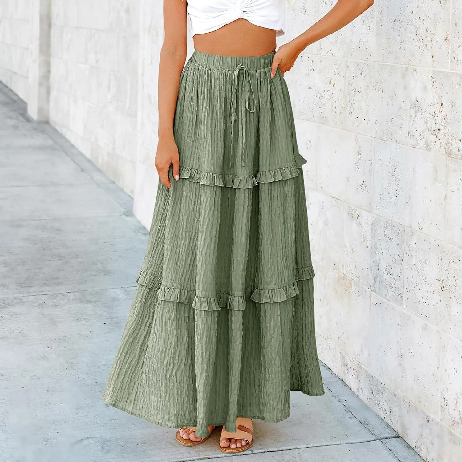 Boho Maxi Skirts for Women Casual Drawstring Elastic High Waisted Flowy Swing A-Line Tiered Pleated Skirt