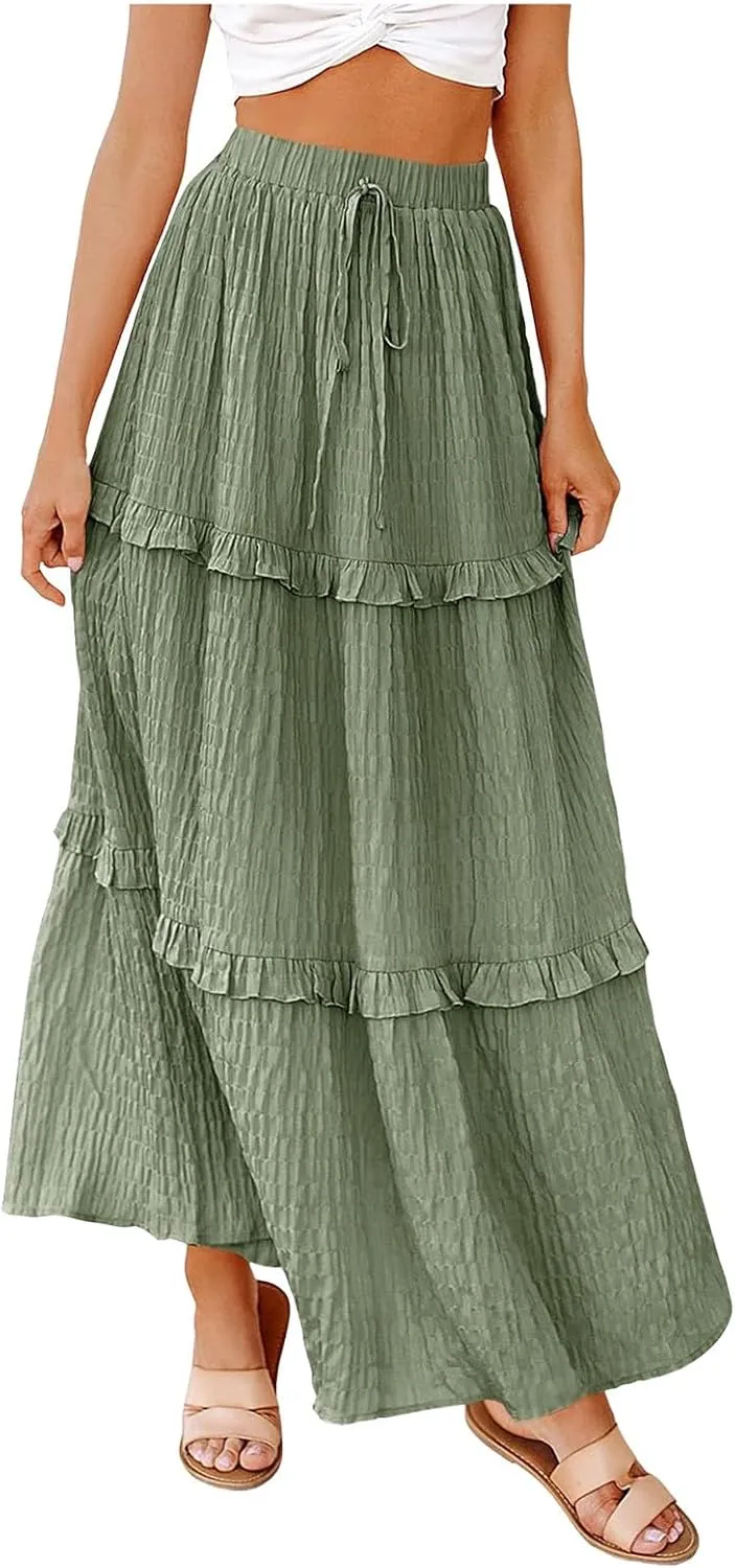Boho Maxi Skirts for Women Casual Drawstring Elastic High Waisted Flowy Swing A-Line Tiered Pleated Skirt