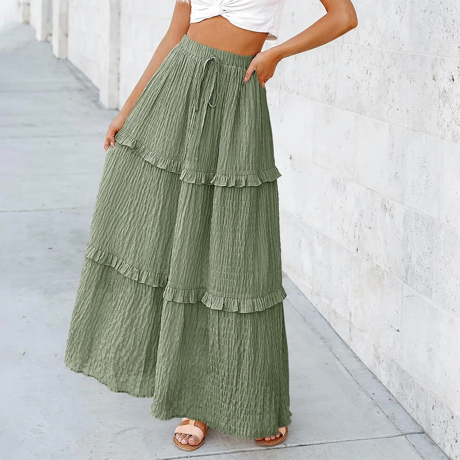 Boho Maxi Skirts for Women Casual Drawstring Elastic High Waisted Flowy Swing A-Line Tiered Pleated Skirt