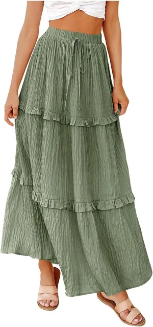 Boho Maxi Skirts for Women Casual Drawstring Elastic High Waisted Flowy Swing A-Line Tiered Pleated Skirt