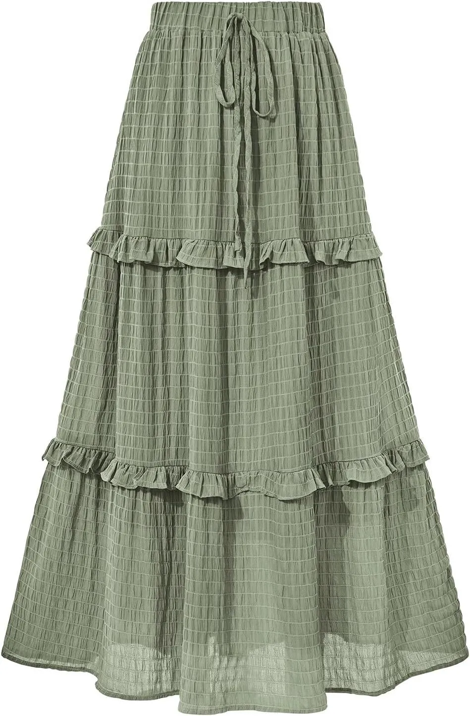 Boho Maxi Skirts for Women Casual Drawstring Elastic High Waisted Flowy Swing A-Line Tiered Pleated Skirt