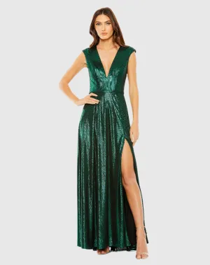 Cap Sleeve Deep V Neck High Slit Metallic Gown - Emerald