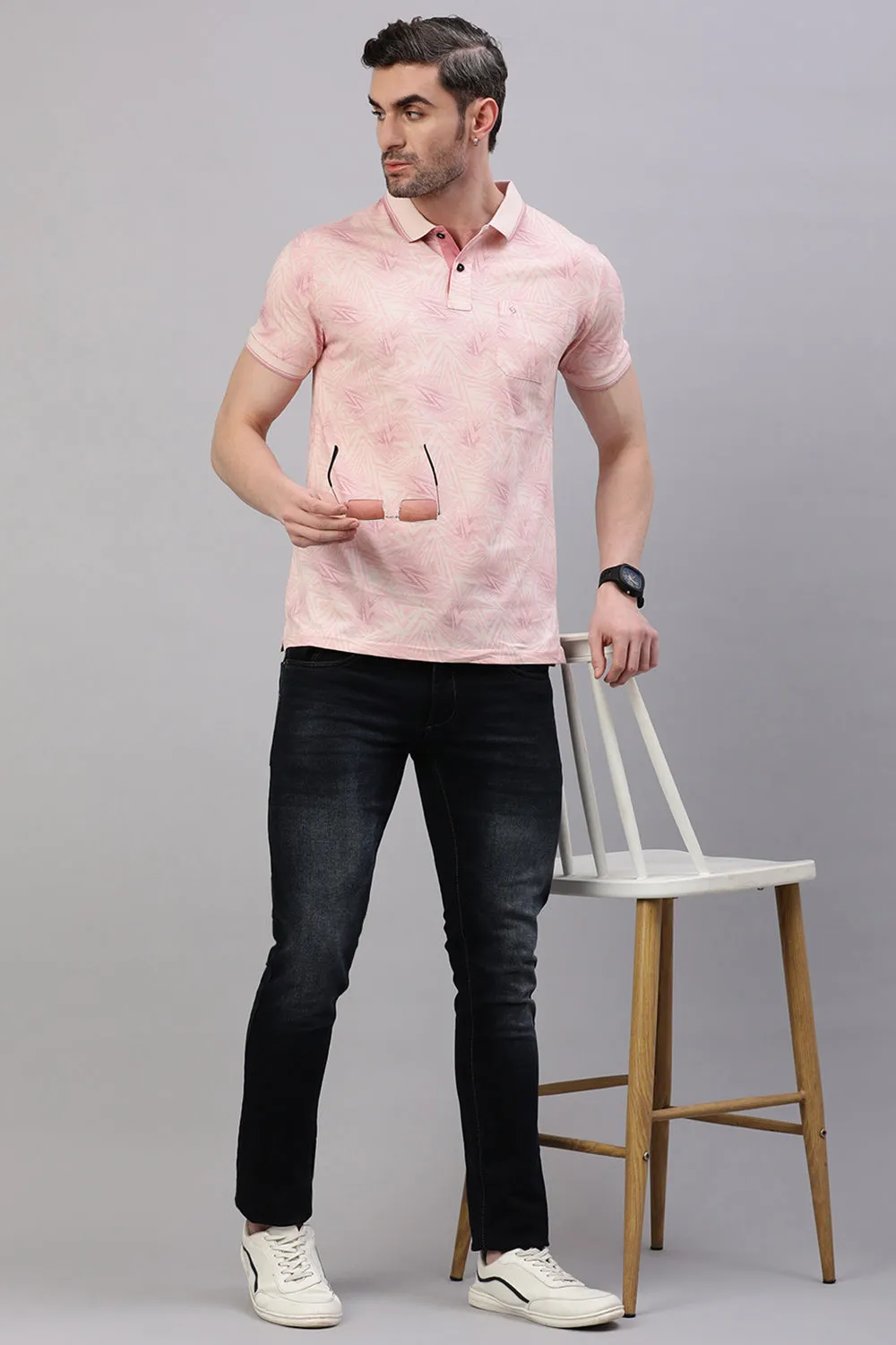 Classic Polo Men's Half Sleeve Peach Polo Neck Slim Fit All Over Print T-Shirt | BELLO - 319 A SF P