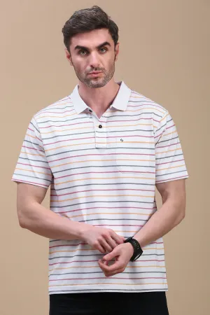 Classic Polo Men's Half Sleeve White Polo Neck Authentic Fit Striped T-Shirt | AVON - 602 A AF P