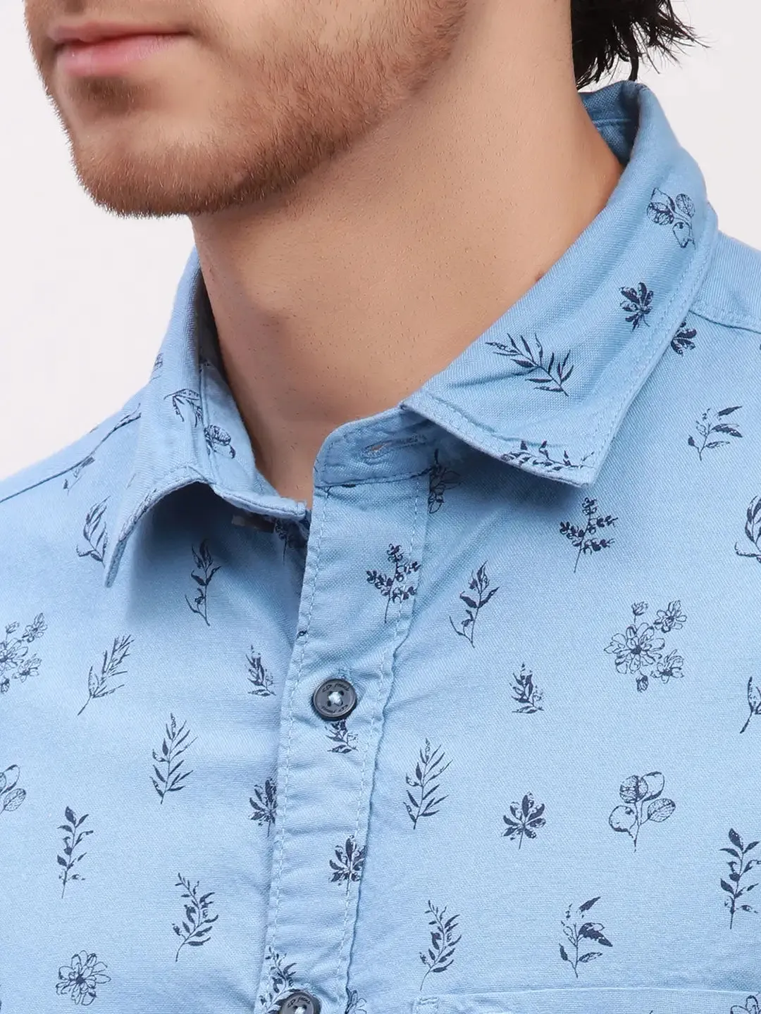 Colorplus Men Blue Print Tailored Fit Cotton Half Sleeve Shirts