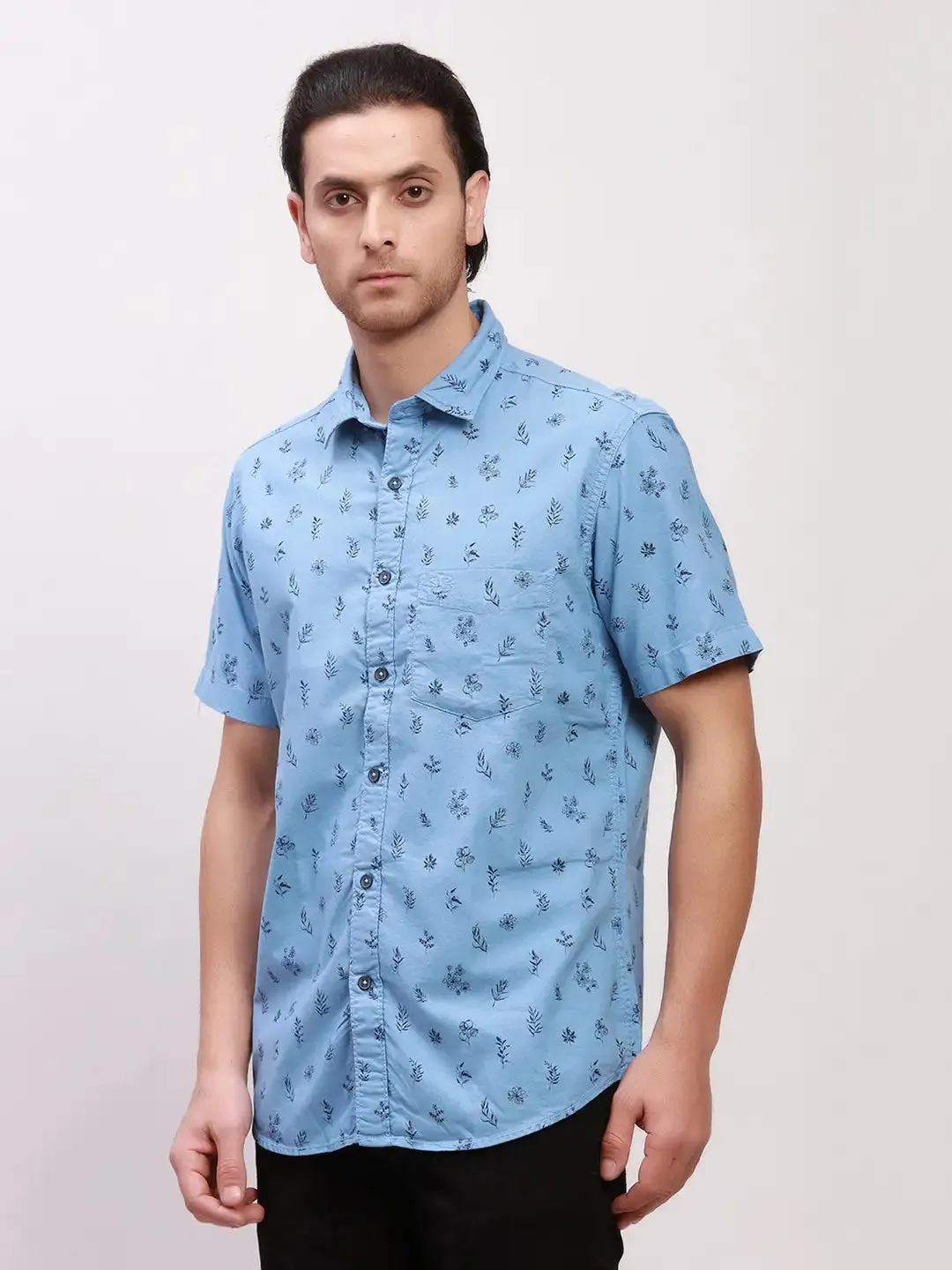 Colorplus Men Blue Print Tailored Fit Cotton Half Sleeve Shirts