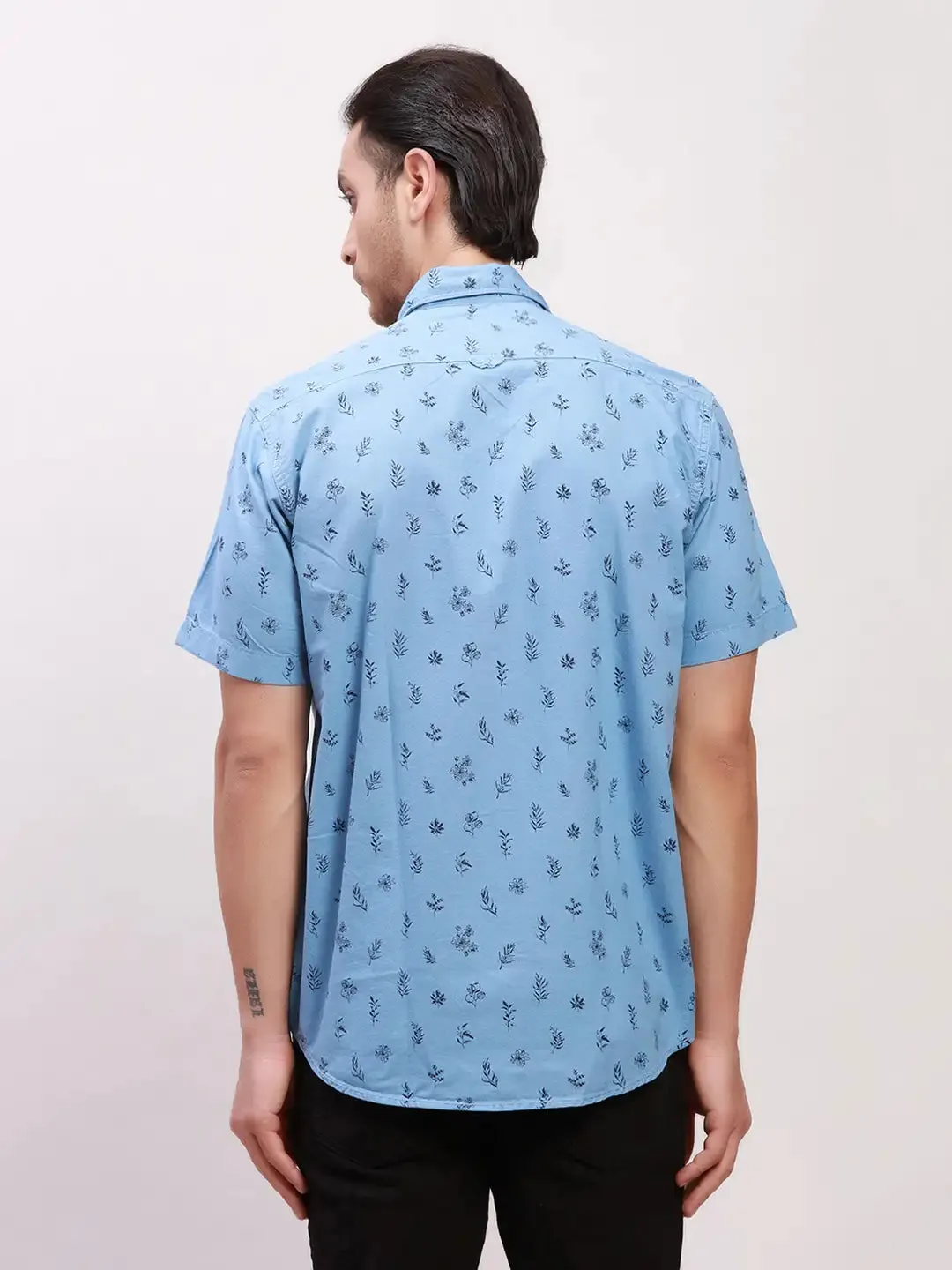 Colorplus Men Blue Print Tailored Fit Cotton Half Sleeve Shirts