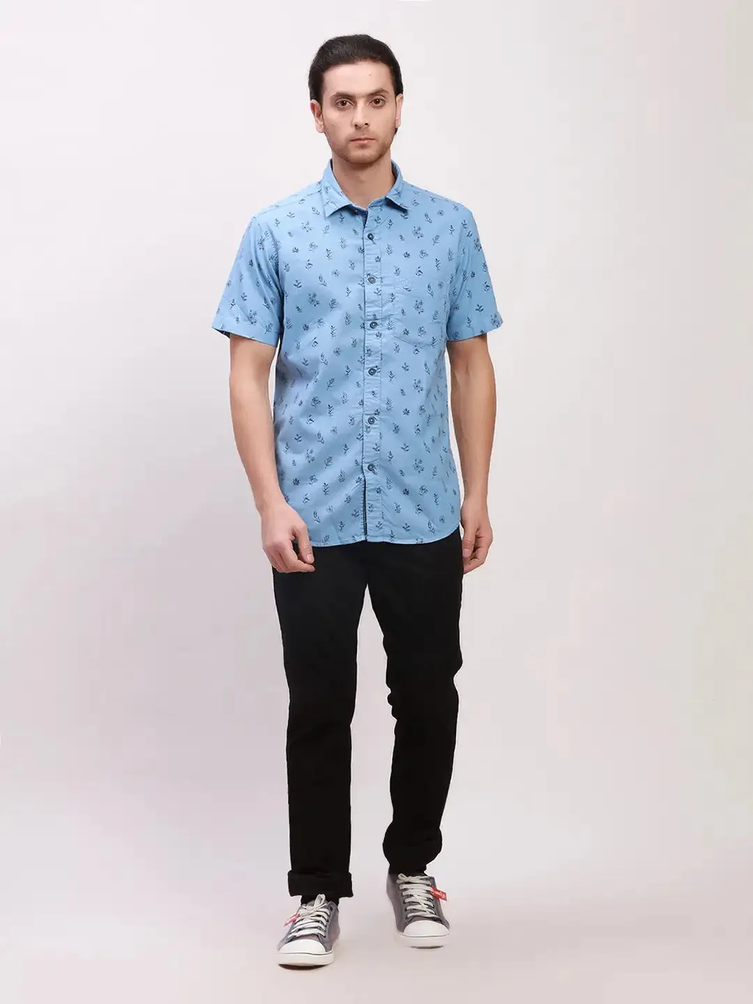 Colorplus Men Blue Print Tailored Fit Cotton Half Sleeve Shirts