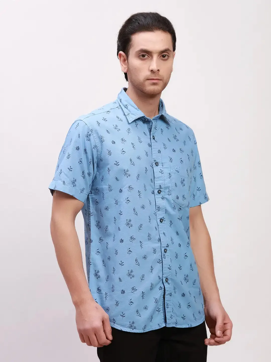 Colorplus Men Blue Print Tailored Fit Cotton Half Sleeve Shirts