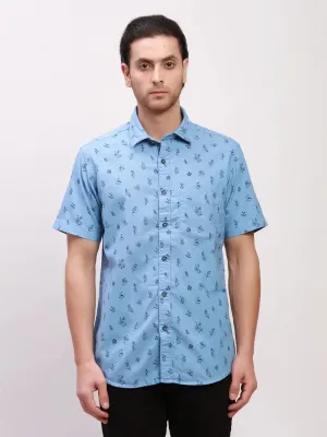 Colorplus Men Blue Print Tailored Fit Cotton Half Sleeve Shirts