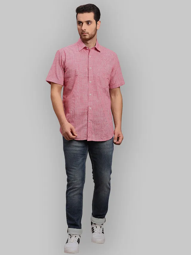 Colorplus Men Red Checkered Tailored Fit Half Sleeve Spread Collar Shirt