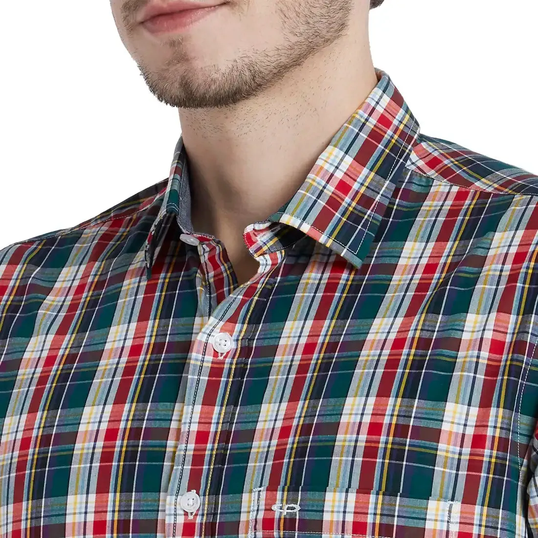 ColorPlus Men Red Checks Tailored Fit Cotton Full Sleeve Shirt