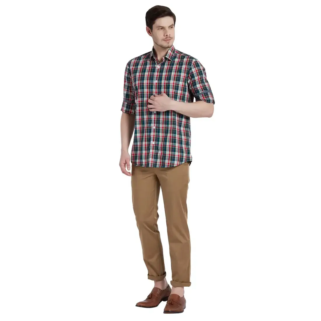 ColorPlus Men Red Checks Tailored Fit Cotton Full Sleeve Shirt