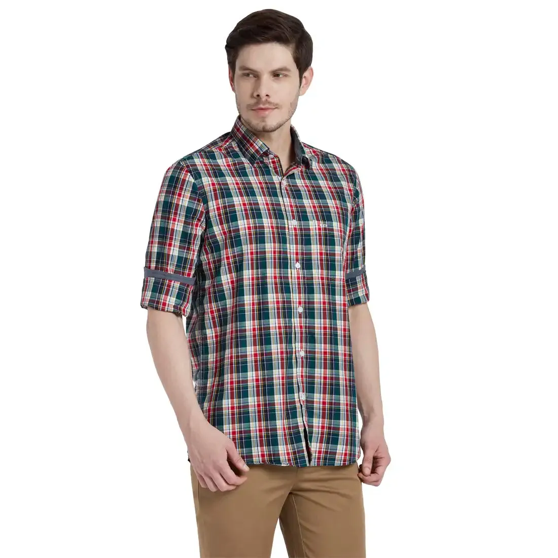ColorPlus Men Red Checks Tailored Fit Cotton Full Sleeve Shirt