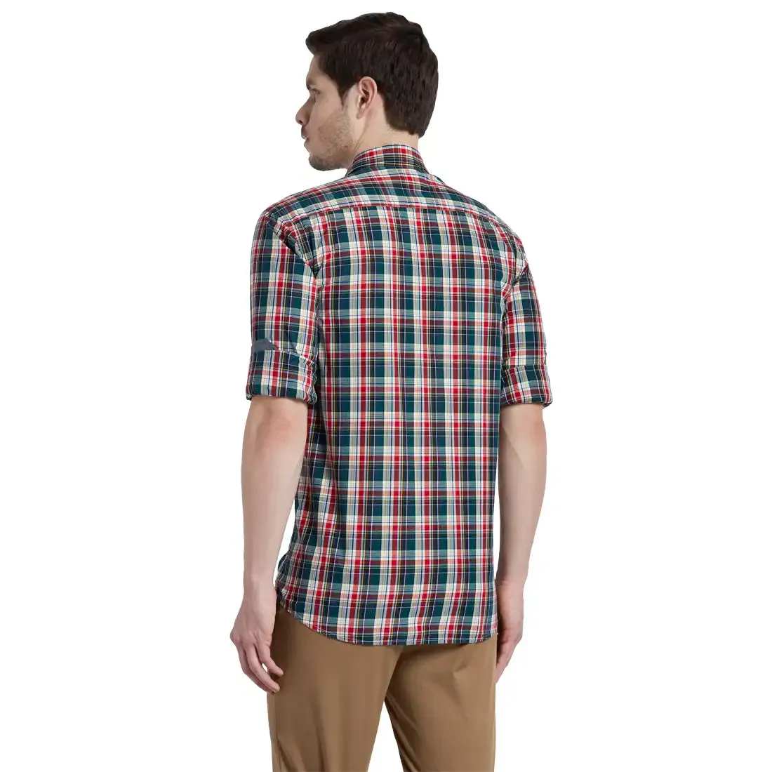 ColorPlus Men Red Checks Tailored Fit Cotton Full Sleeve Shirt
