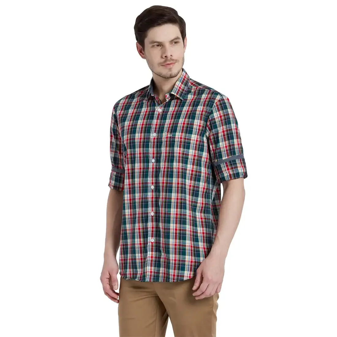 ColorPlus Men Red Checks Tailored Fit Cotton Full Sleeve Shirt