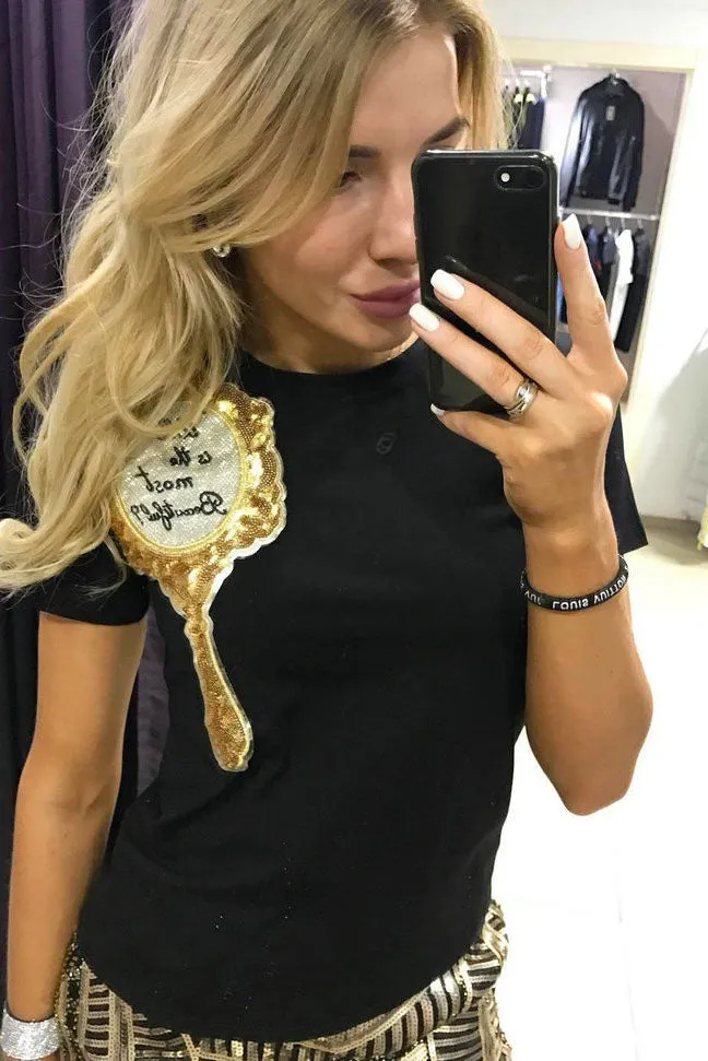 Crystal Mirror Print Short Sleeves Slim T-shirt