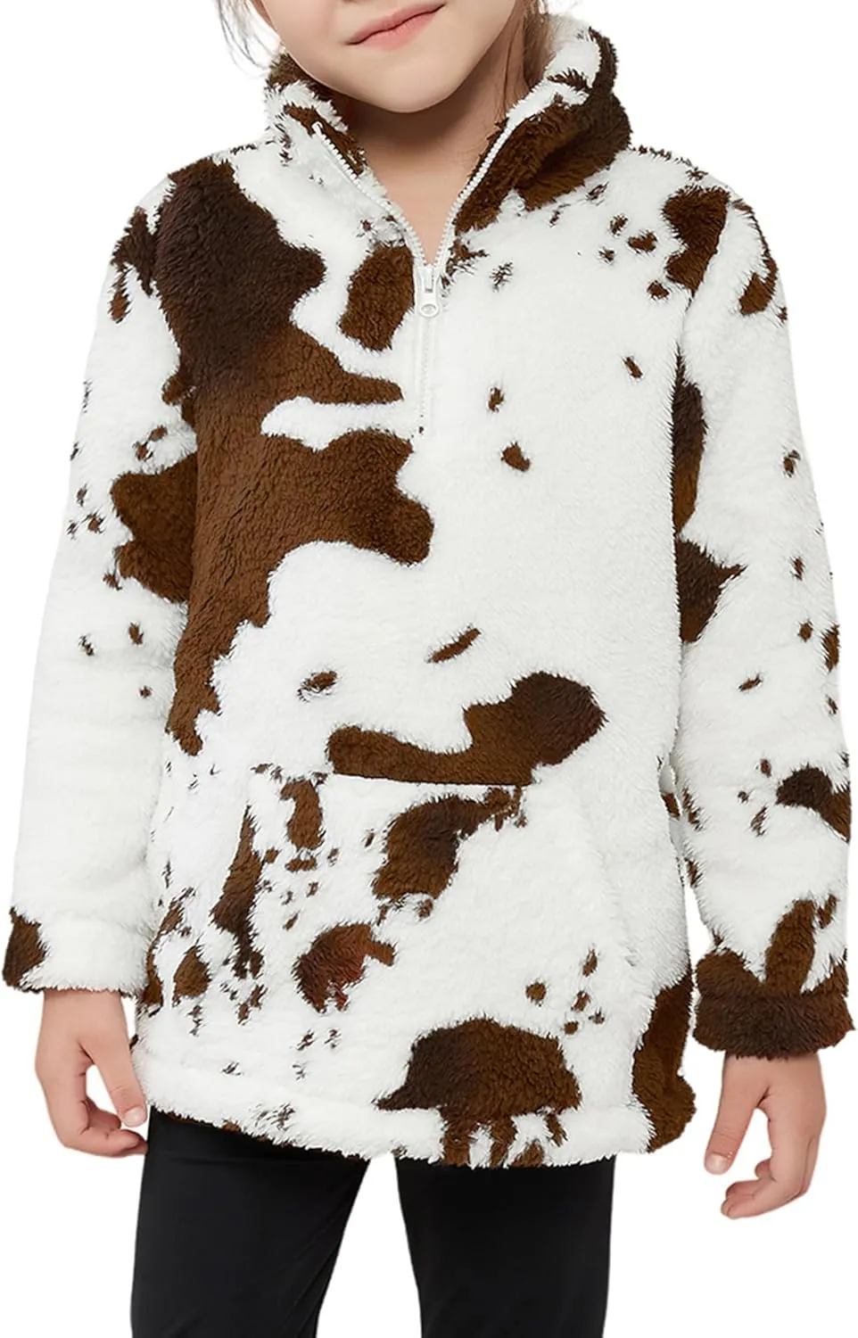 EARKOHA Girls Cow Print Pullover Quarter-Zip Sherpa Fleece Jackets Casual Fuzzy Outwear Coat with Pockets