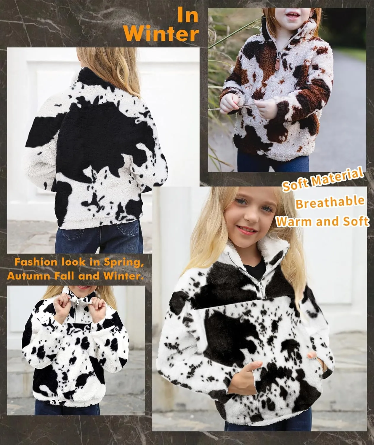 EARKOHA Girls Cow Print Pullover Quarter-Zip Sherpa Fleece Jackets Casual Fuzzy Outwear Coat with Pockets