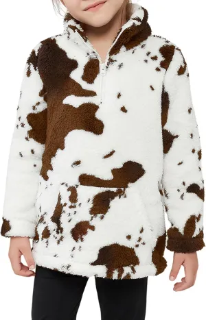EARKOHA Girls Cow Print Pullover Quarter-Zip Sherpa Fleece Jackets Casual Fuzzy Outwear Coat with Pockets