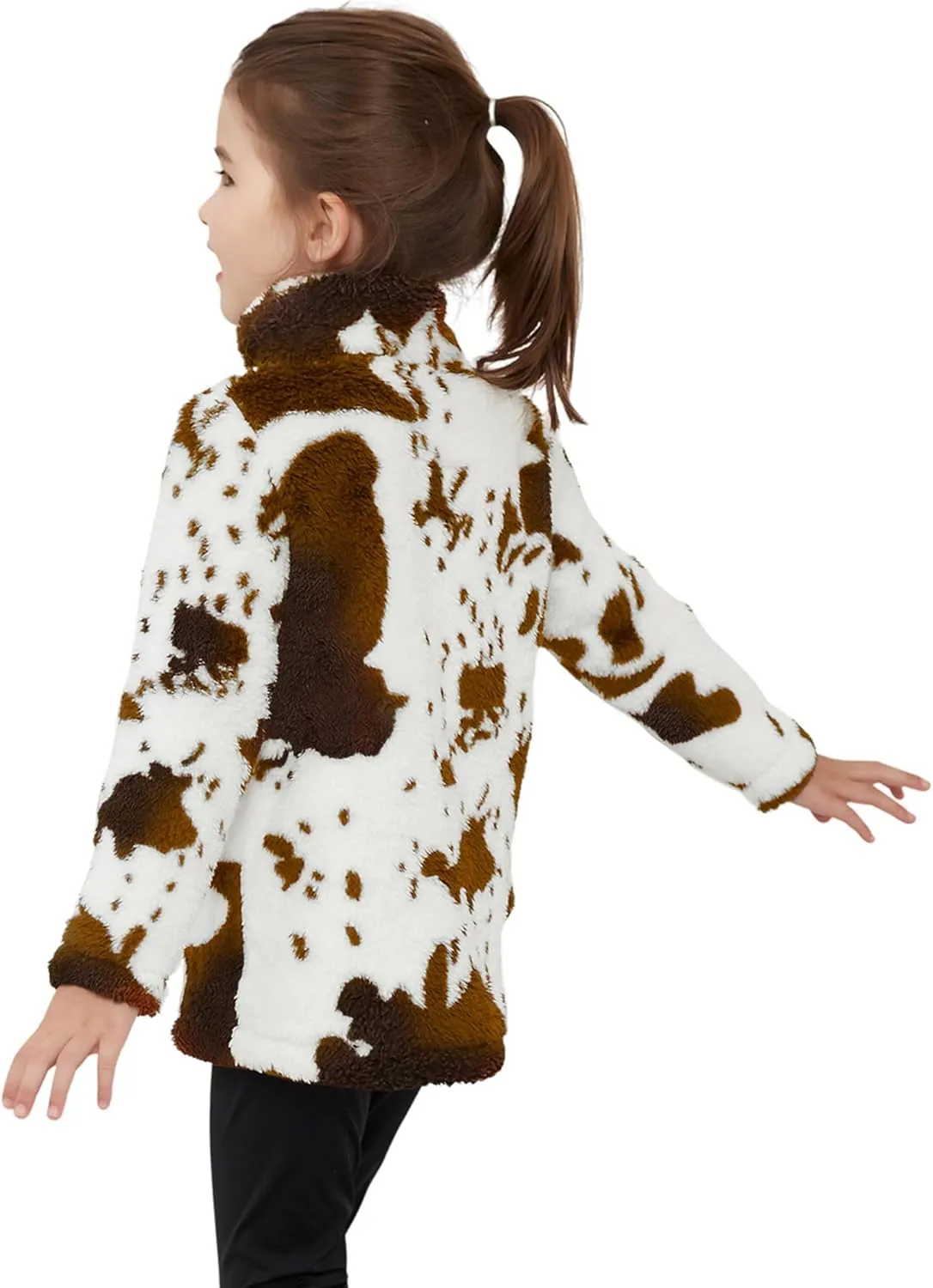 EARKOHA Girls Cow Print Pullover Quarter-Zip Sherpa Fleece Jackets Casual Fuzzy Outwear Coat with Pockets