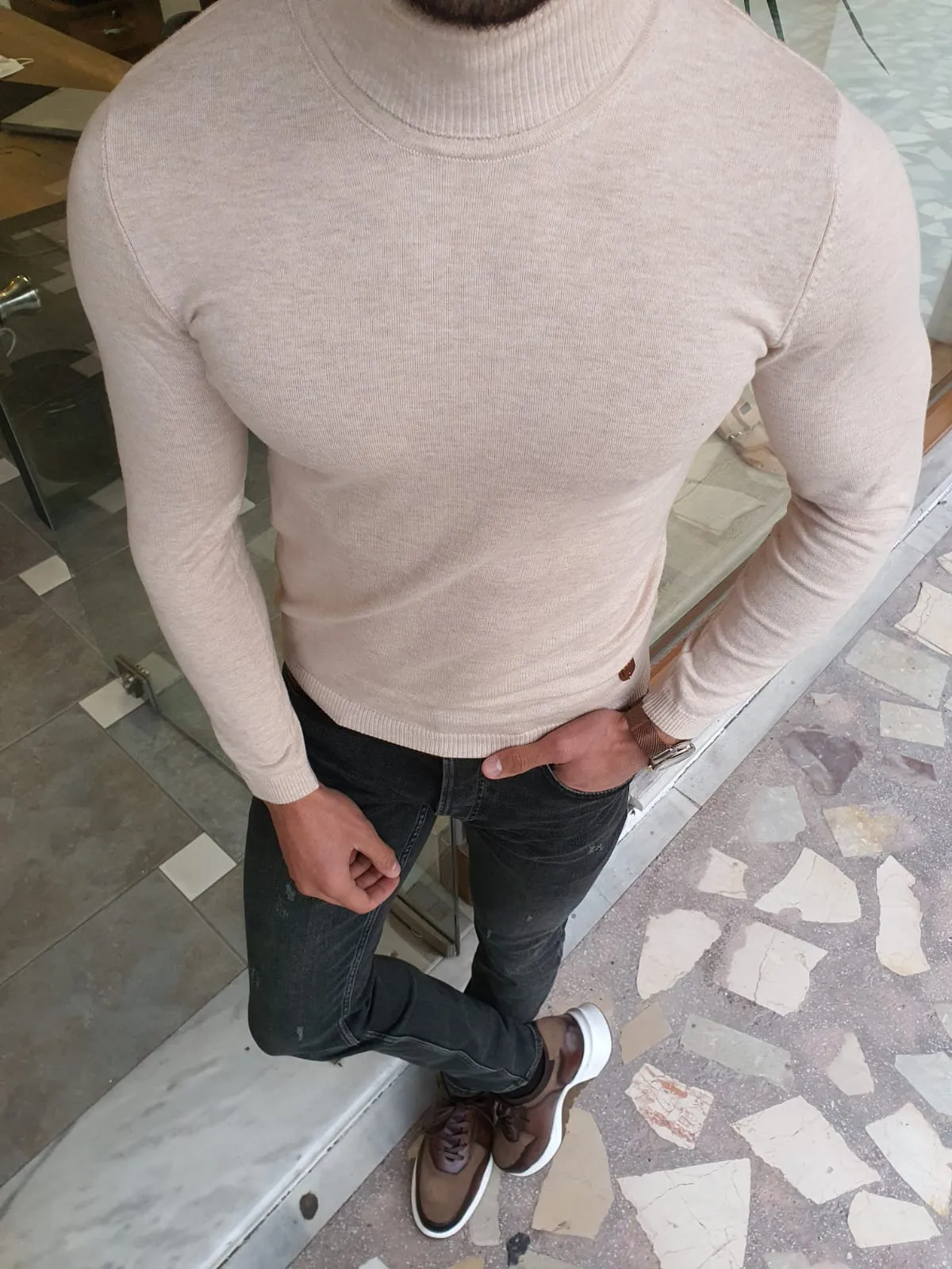 Ed Slim Fit Beige Turtleneck