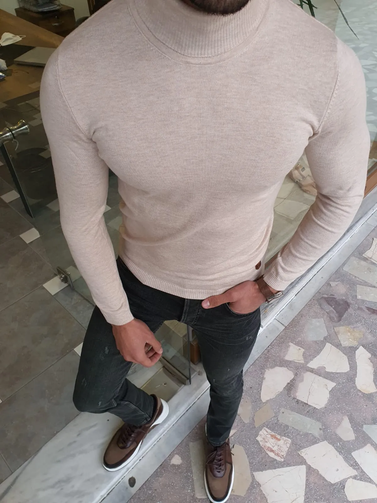 Ed Slim Fit Beige Turtleneck