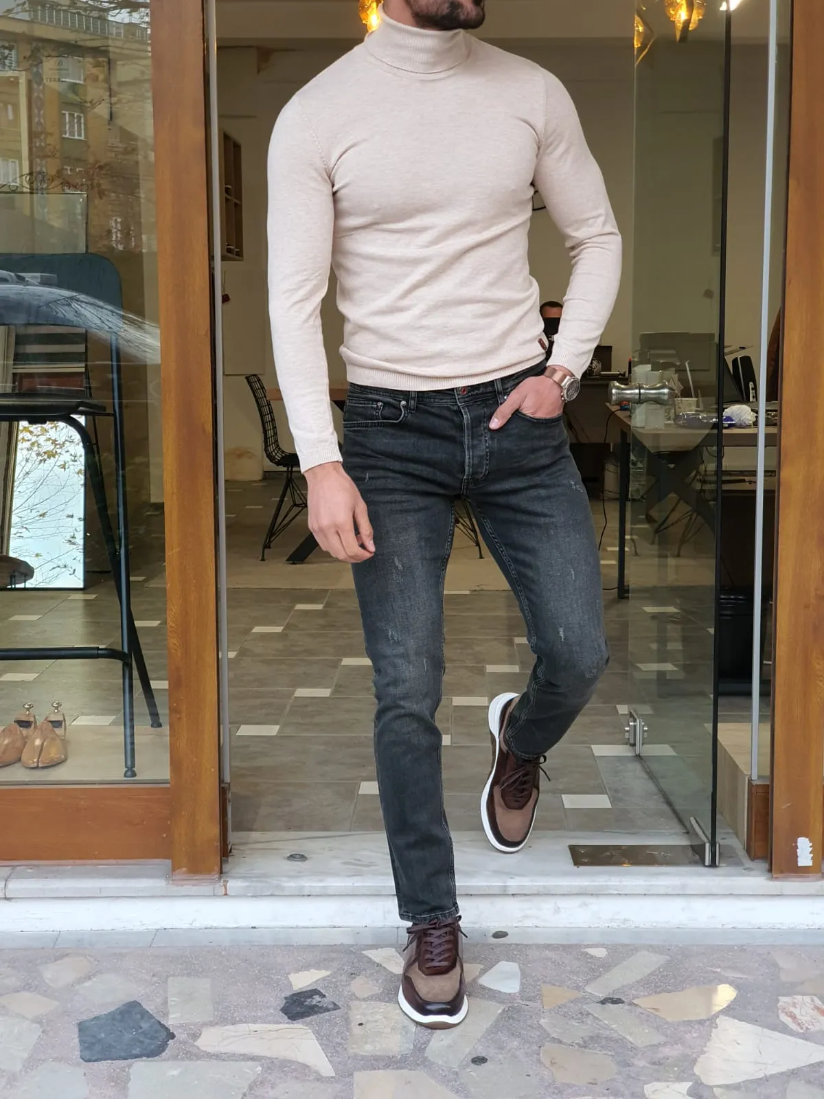 Ed Slim Fit Beige Turtleneck