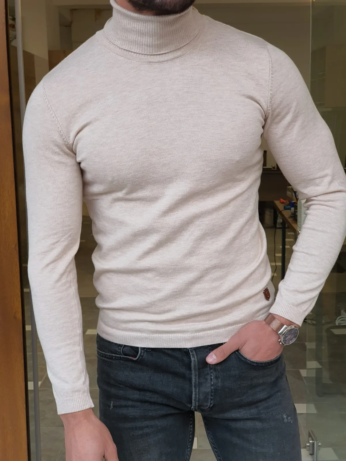 Ed Slim Fit Beige Turtleneck