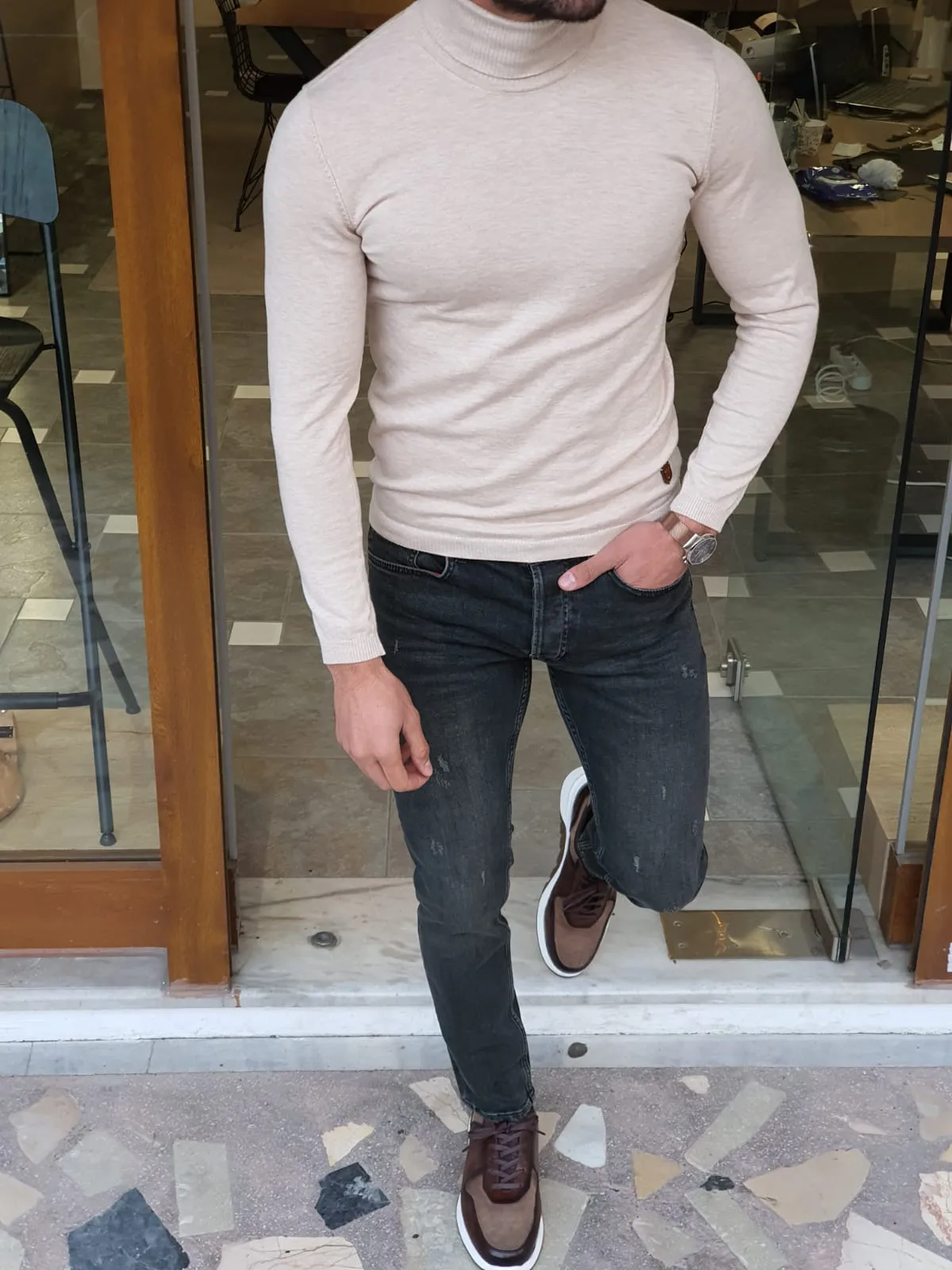 Ed Slim Fit Beige Turtleneck