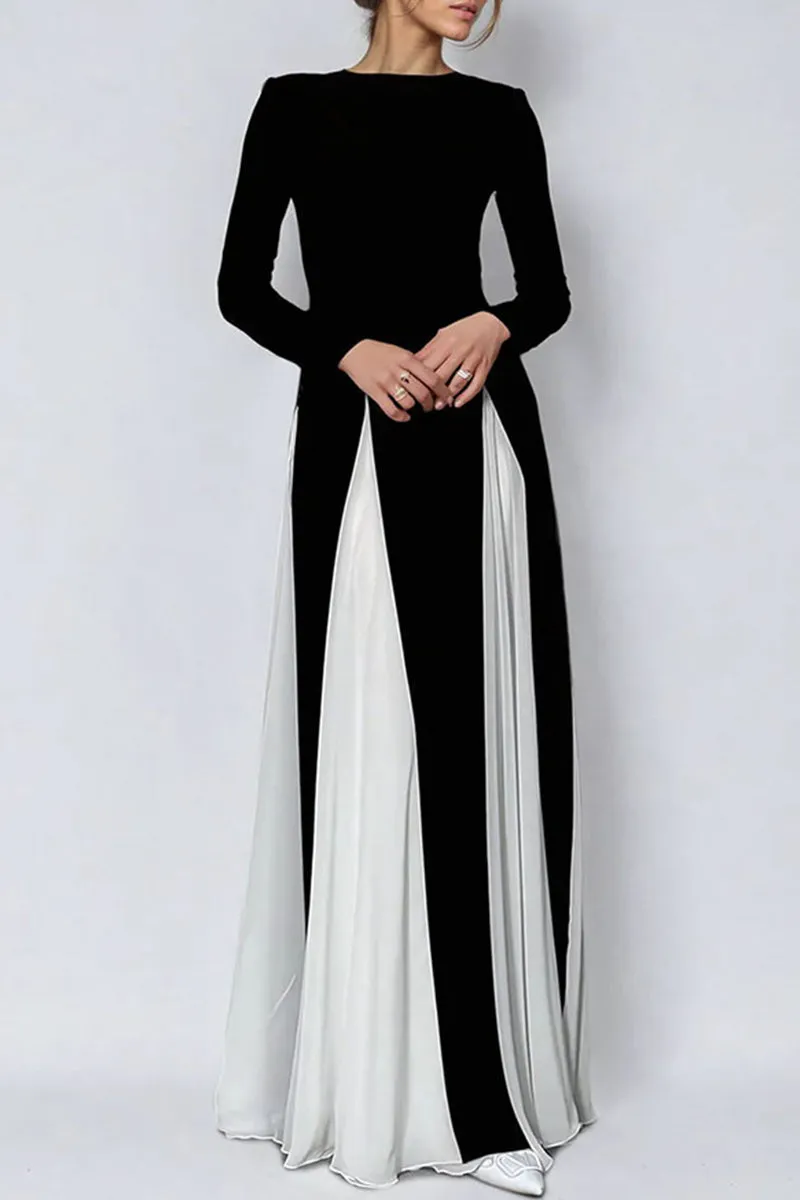 Elegant Contrast O Neck Long Dresses