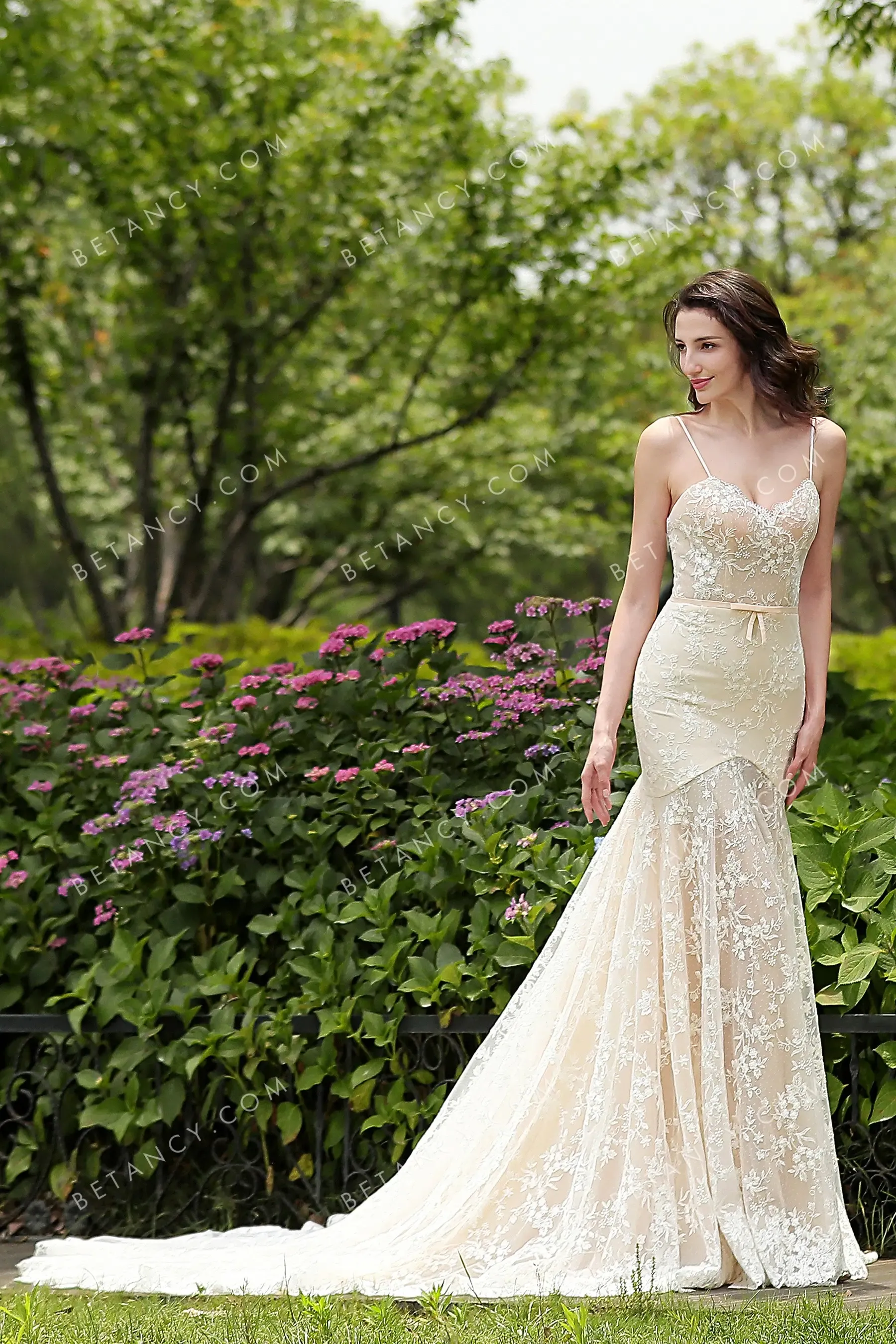 Elegant Nude Sheer Floret Lace Mermaid Wedding Gown