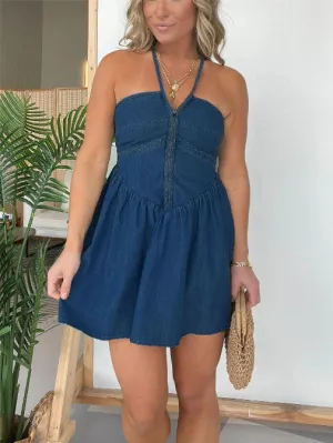 Fashion Women's elegant Neckline Denim Dress