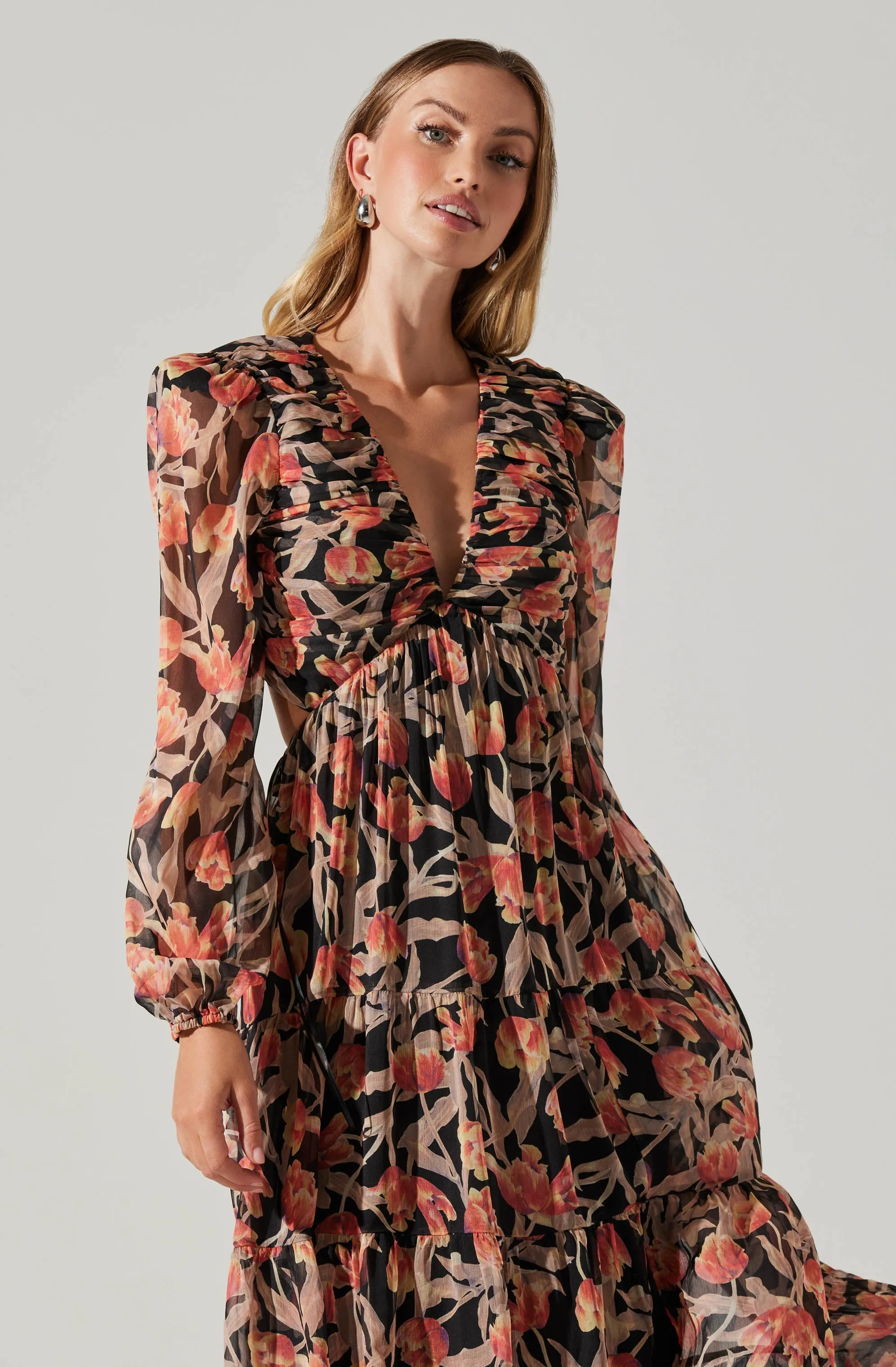 Floral Lace Back Long Sleeve Maxi Dress
