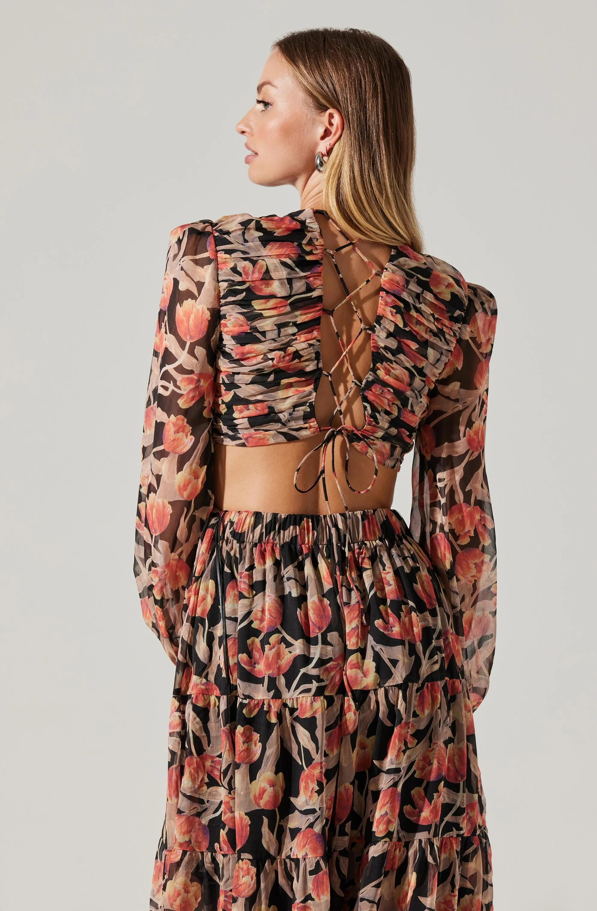 Floral Lace Back Long Sleeve Maxi Dress