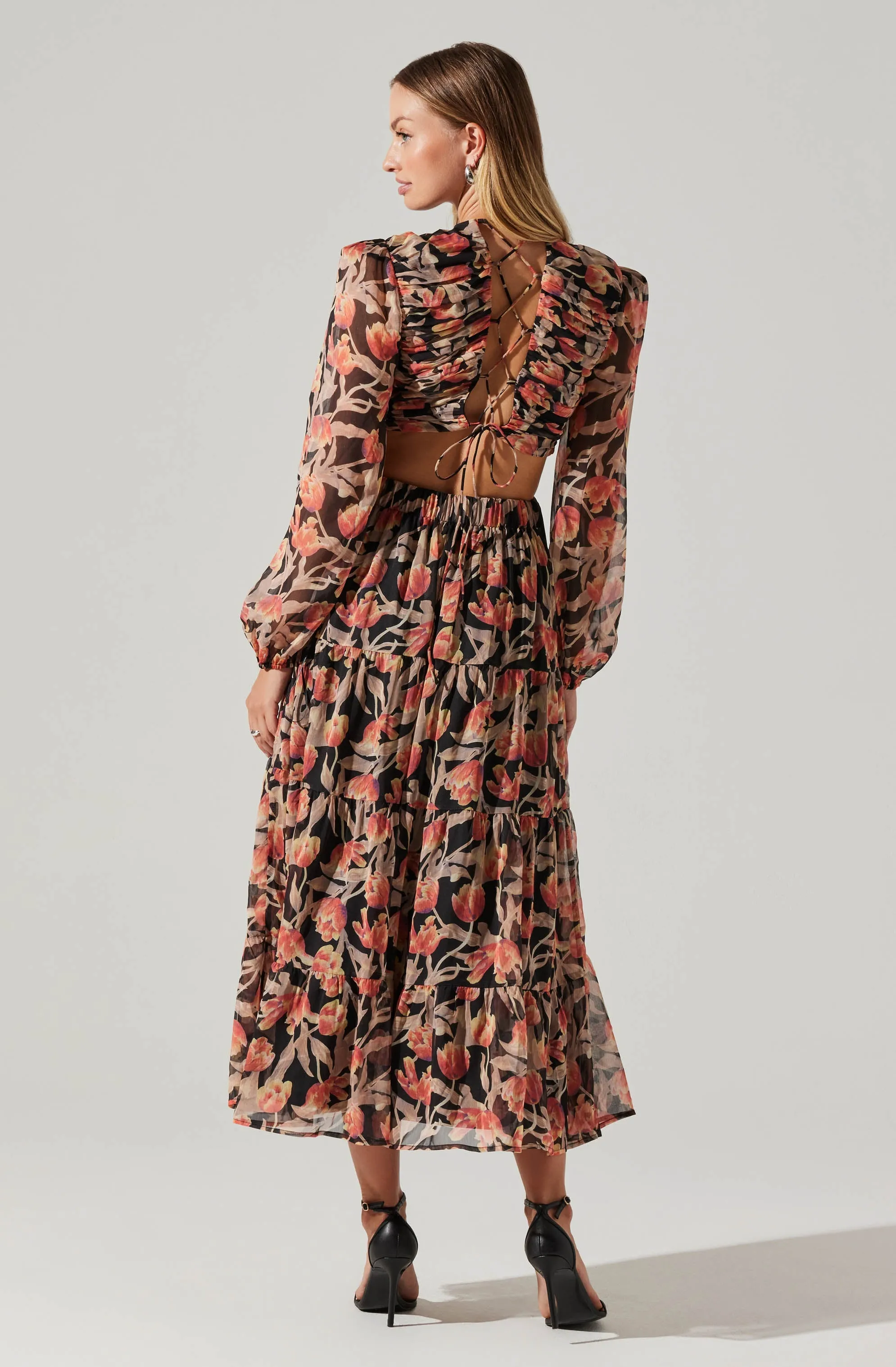 Floral Lace Back Long Sleeve Maxi Dress