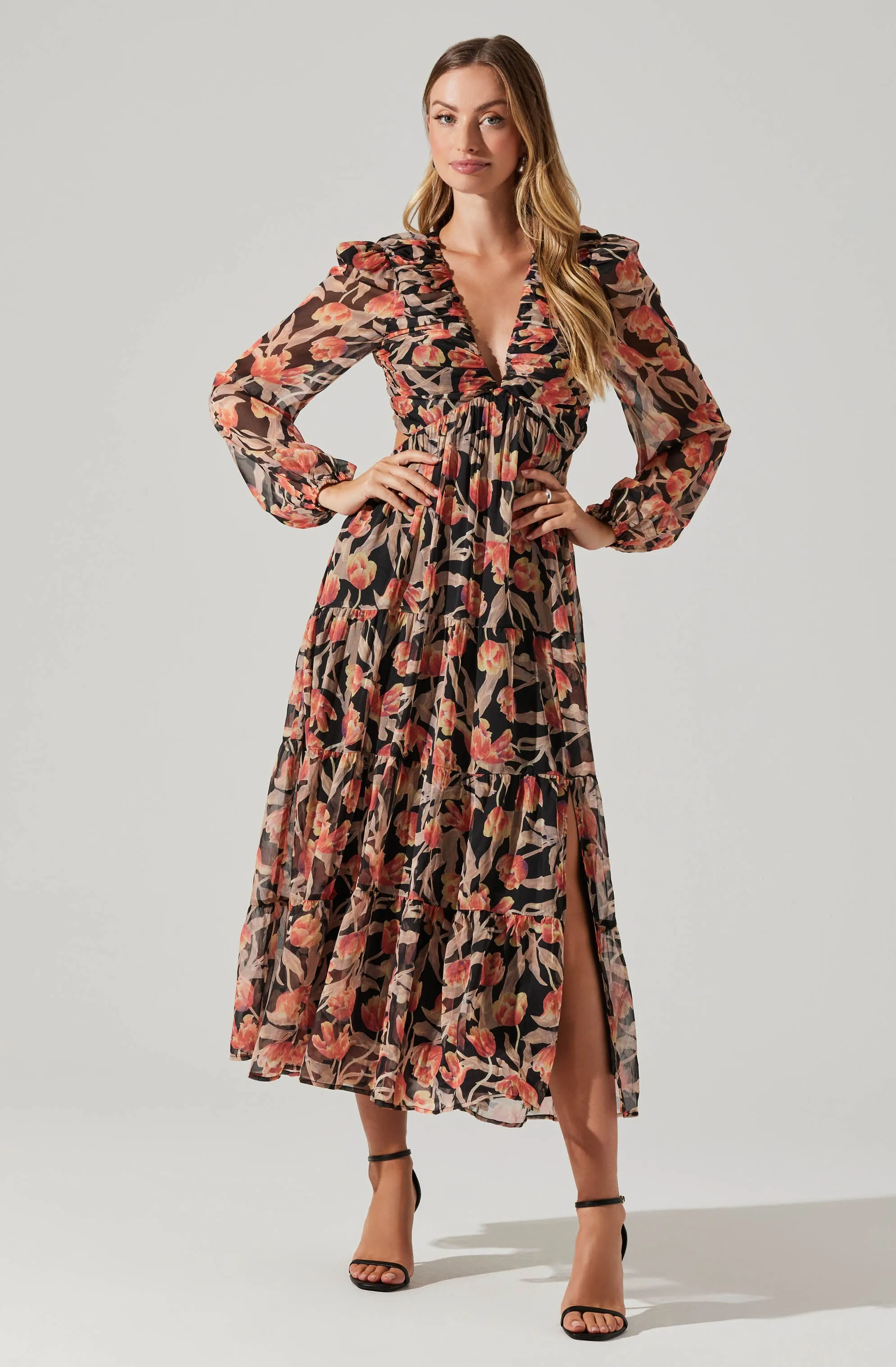 Floral Lace Back Long Sleeve Maxi Dress