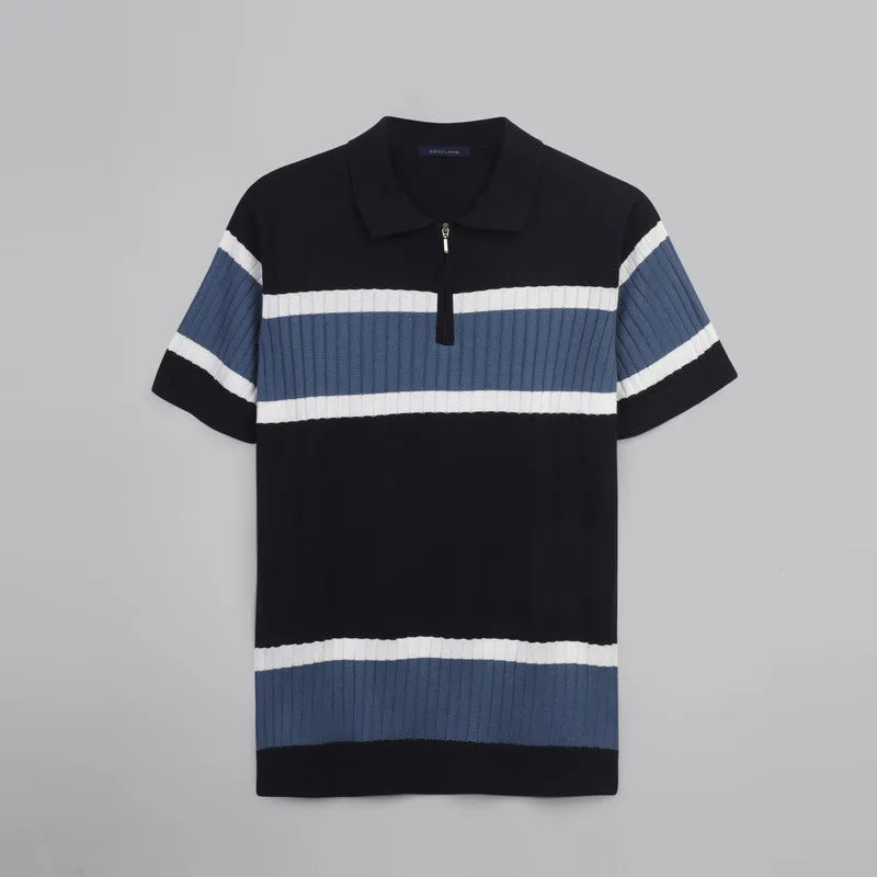 Half Zipper Striped Knitwear Polo   - NAVY- Available in store