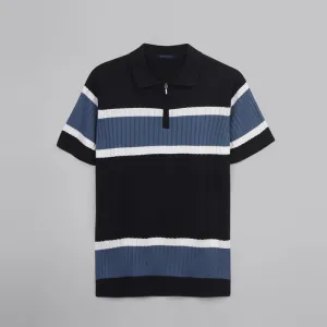 Half Zipper Striped Knitwear Polo   - NAVY- Available in store
