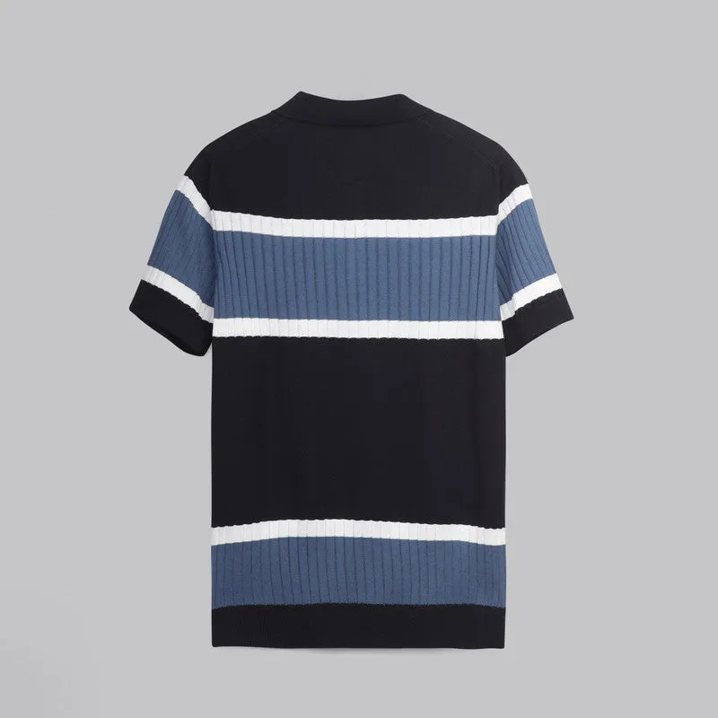 Half Zipper Striped Knitwear Polo   - NAVY- Available in store